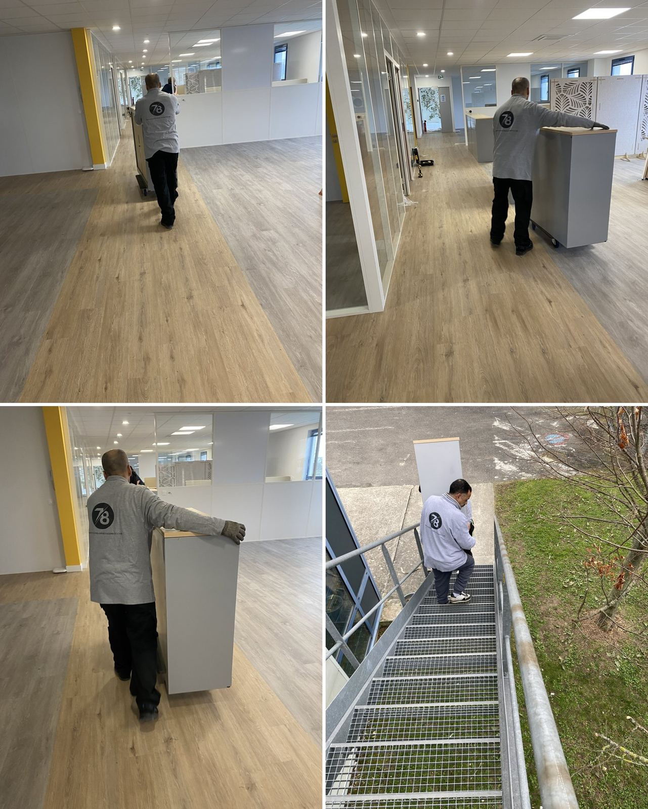 Armoires de bureau déplacées sur rouleurs et dans un escalier extérieur
